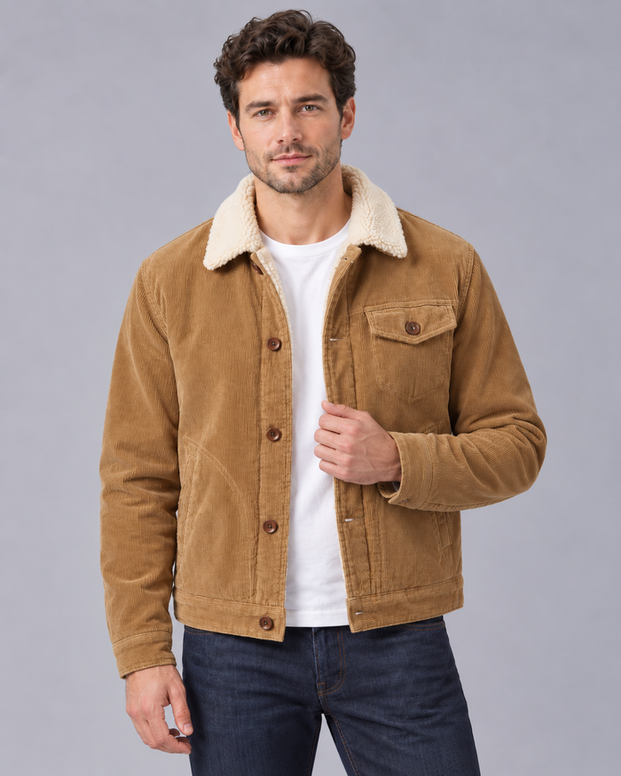 Men's Corduroy Sherpa Lined Jacket | Trucker Coat with Fleece Collar