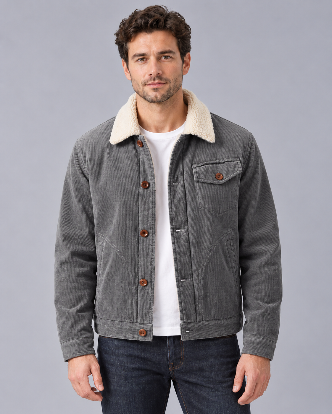 Men's Corduroy Sherpa Lined Jacket | Trucker Coat with Fleece Collar
