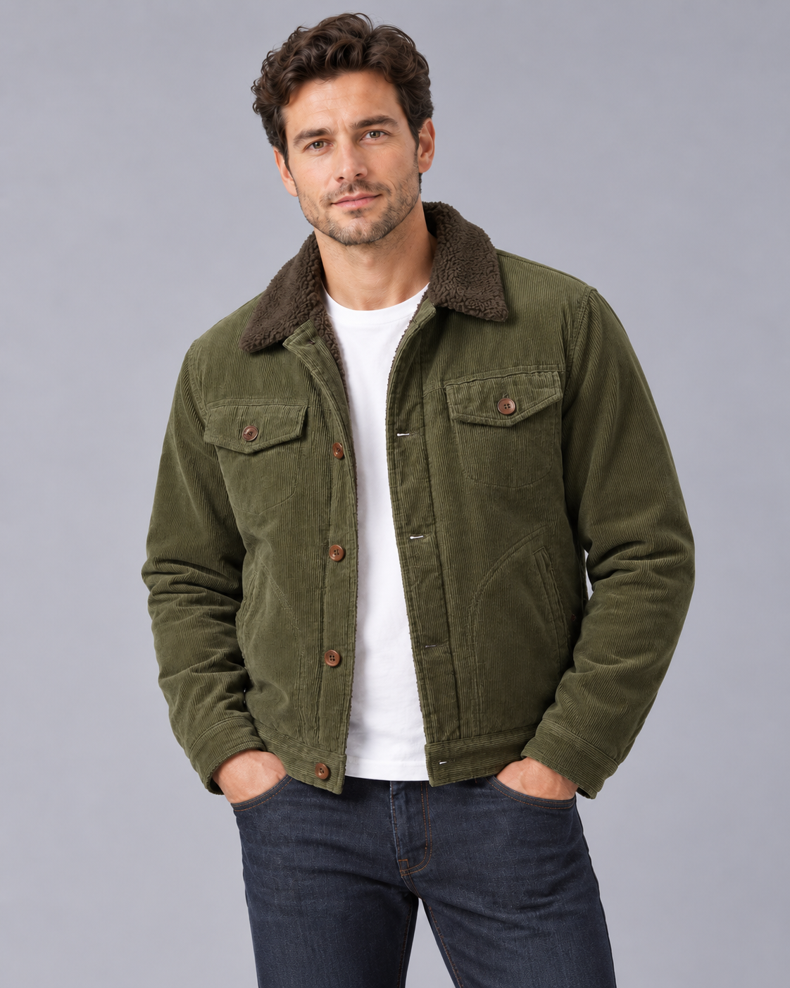 Men's Corduroy Sherpa Lined Jacket | Trucker Coat with Fleece Collar