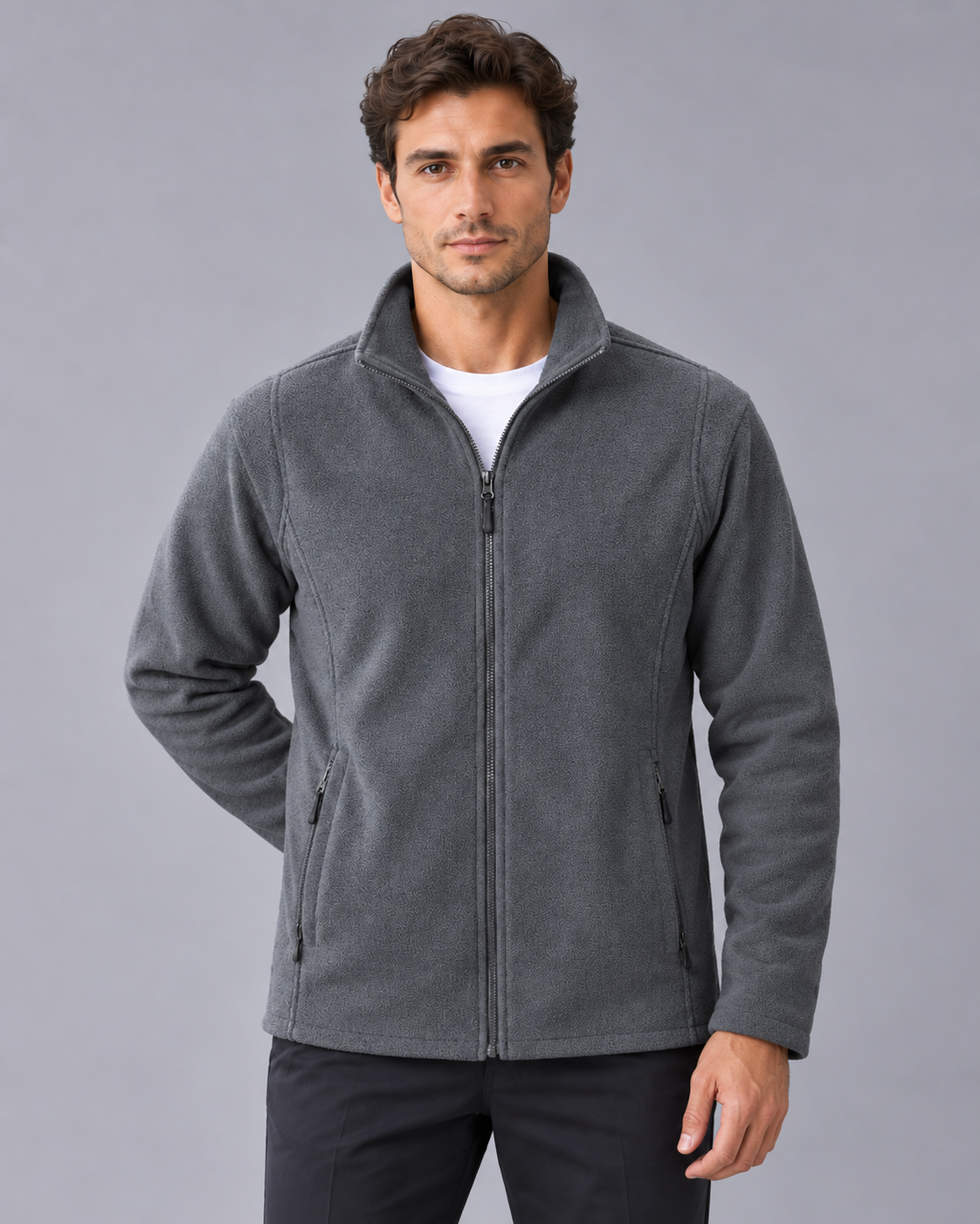 Men's Full Zip Polar Fleece Jacket | Two-Way Zip with Stand Collar