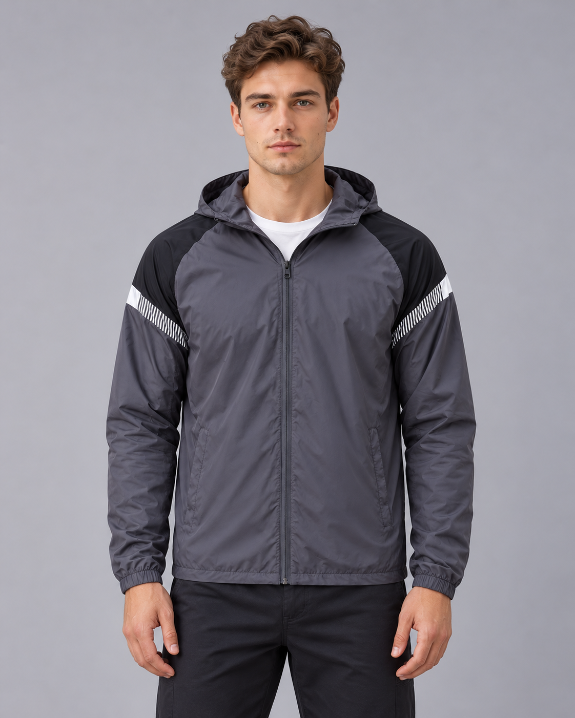 Men's Hooded Windbreaker Jacket | Full Zip with Contrast Shoulder Panels