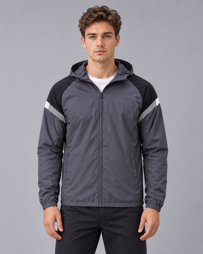 Men's Hooded Windbreaker Jacket | Full Zip with Contrast Shoulder Panels