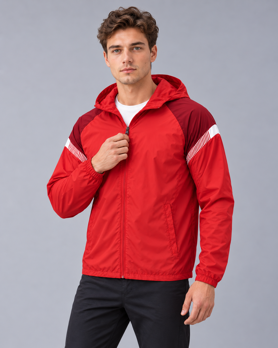 Men's Hooded Windbreaker Jacket | Full Zip with Contrast Shoulder Panels