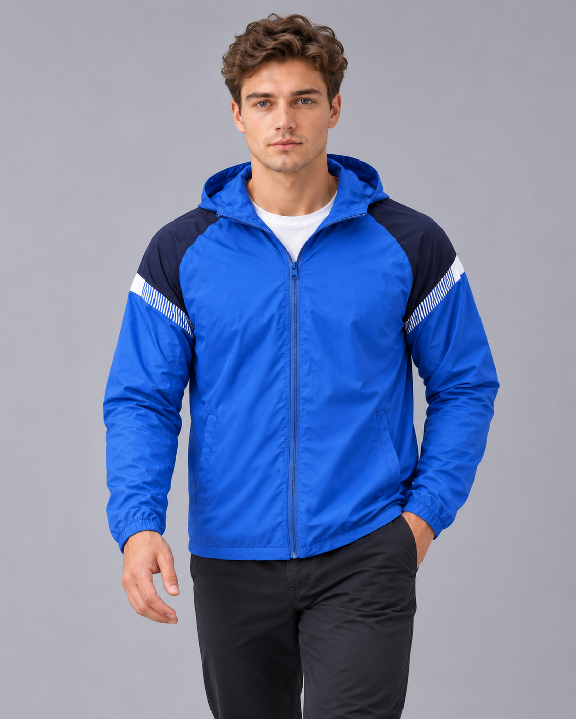 Men's Hooded Windbreaker Jacket | Full Zip with Contrast Shoulder Panels