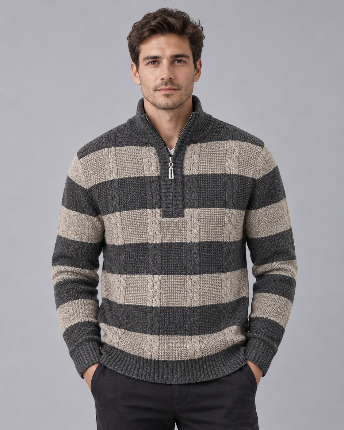 Men's Half-Zip Jumper | Striped Cable Knit with Ribbed Stand Collar and Relaxed Fit