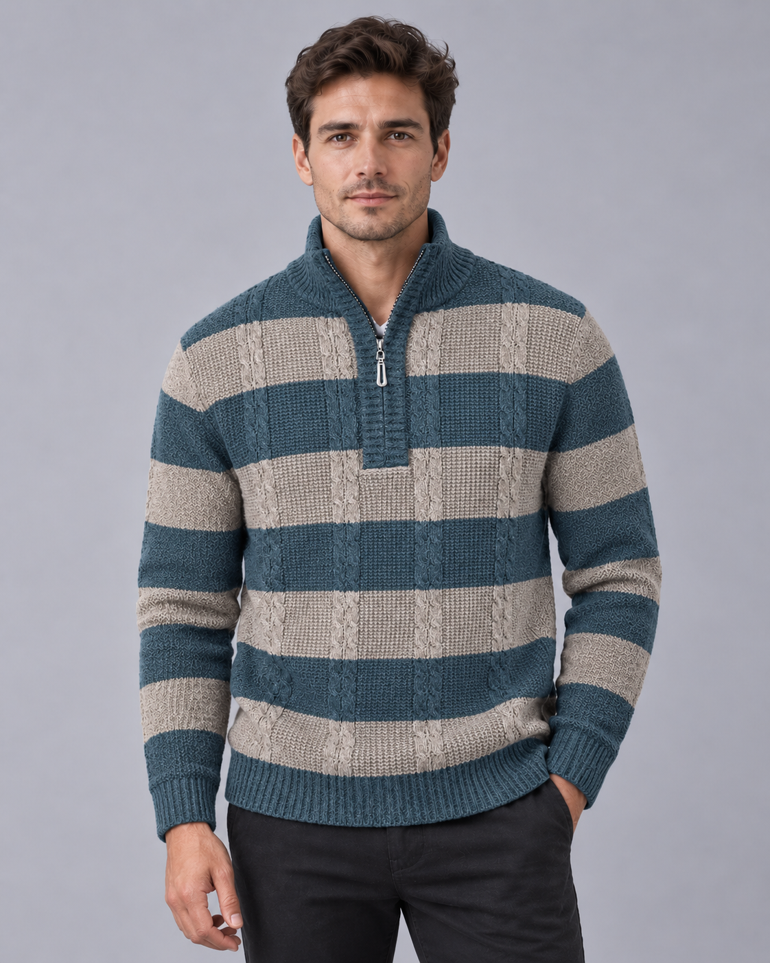Men's Half-Zip Jumper | Striped Cable Knit with Ribbed Stand Collar and Relaxed Fit
