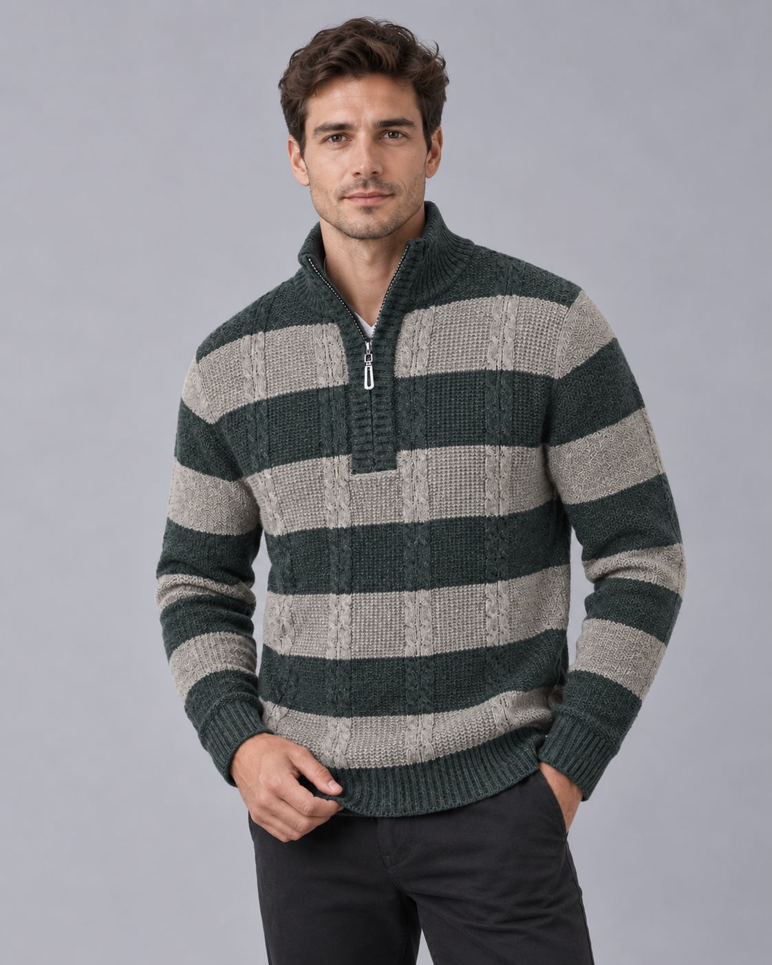 Men's Half-Zip Jumper | Striped Cable Knit with Ribbed Stand Collar and Relaxed Fit