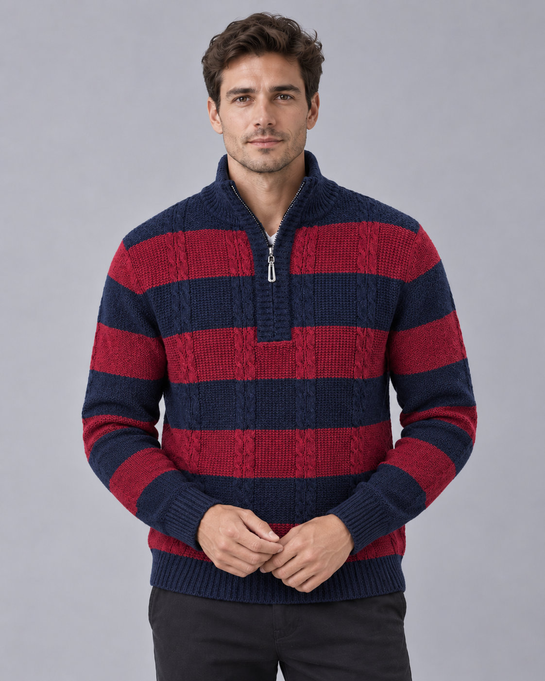 Men's Half-Zip Jumper | Striped Cable Knit with Ribbed Stand Collar and Relaxed Fit