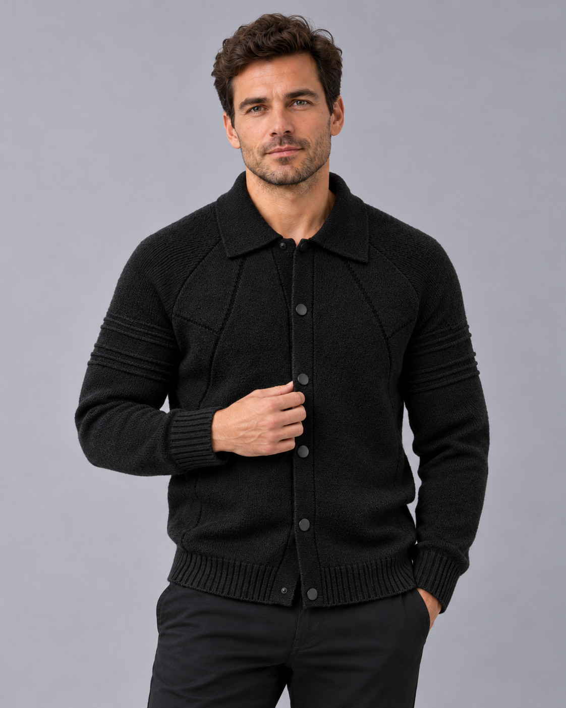 Men's Collared Knittted Cardigan with Snap-Button Front and Raglan Sleeves