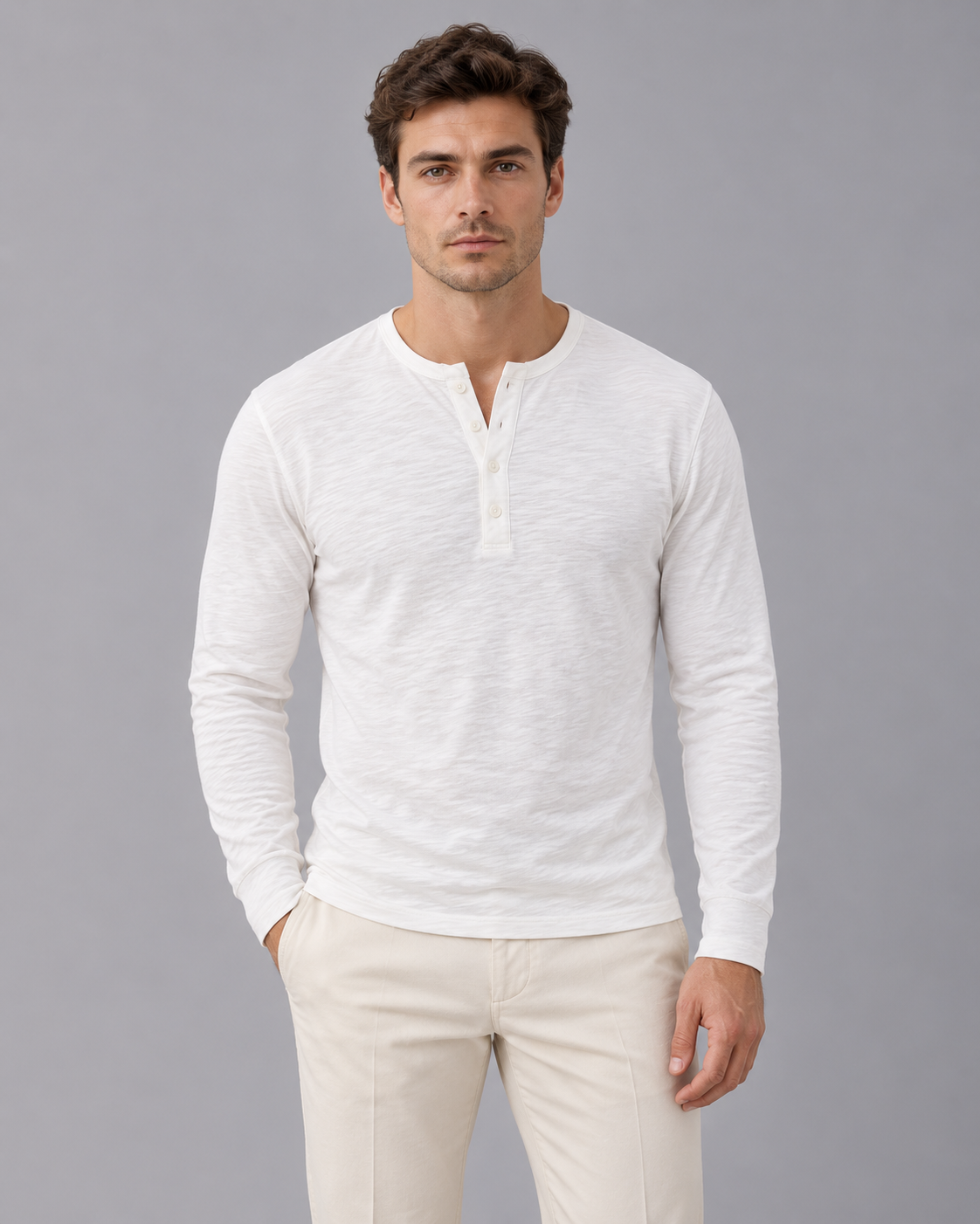 Men's Cotton Blend Long Sleeve Henley | Three-Button Placket with Slim Fit