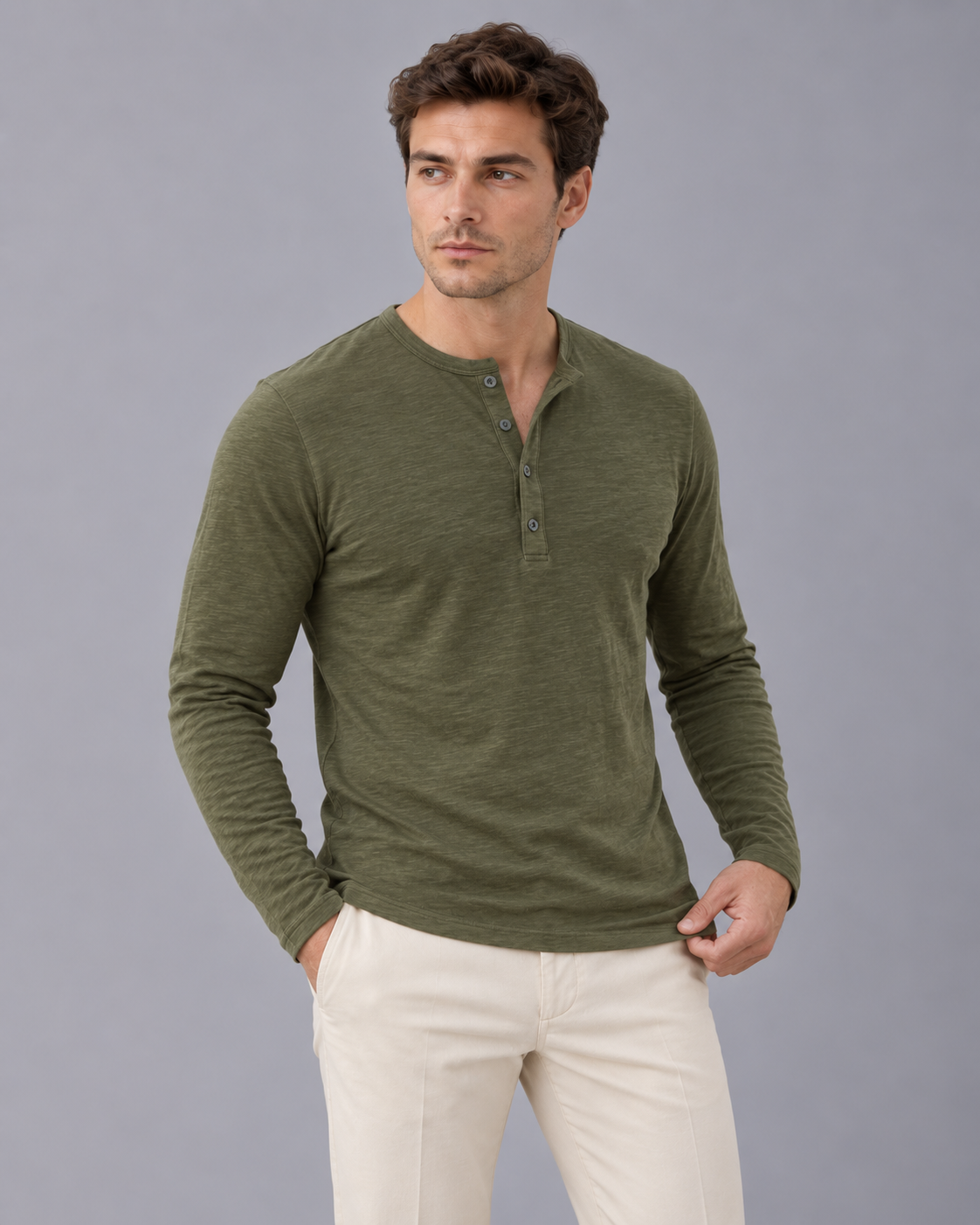 Men's Cotton Blend Long Sleeve Henley | Three-Button Placket with Slim Fit