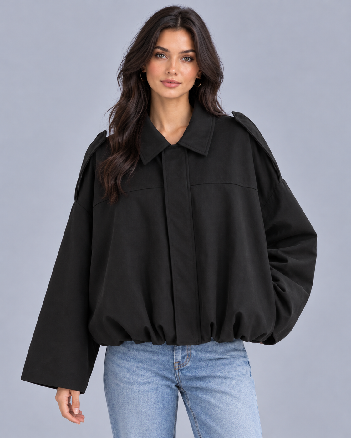 Women's Oversized Cropped Bomber Jacket | Pointed Collar & Gathered Hem