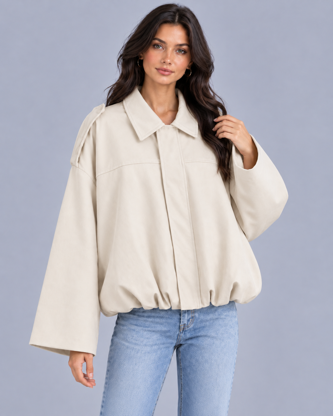 Women's Oversized Cropped Bomber Jacket | Pointed Collar & Gathered Hem