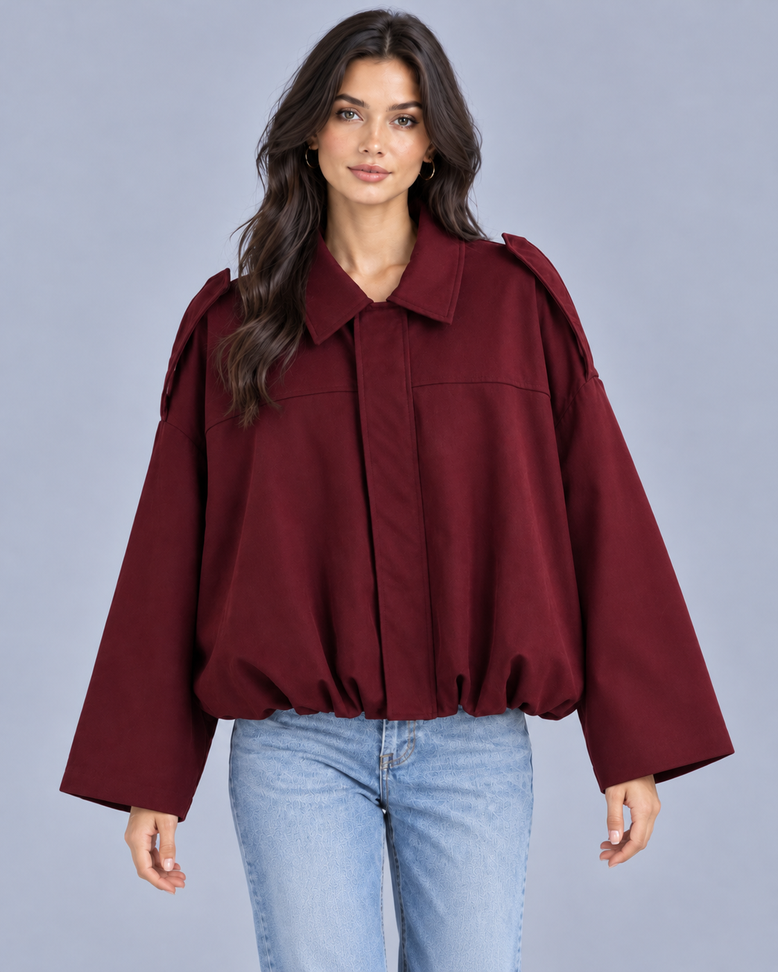 Women's Oversized Cropped Bomber Jacket | Pointed Collar & Gathered Hem