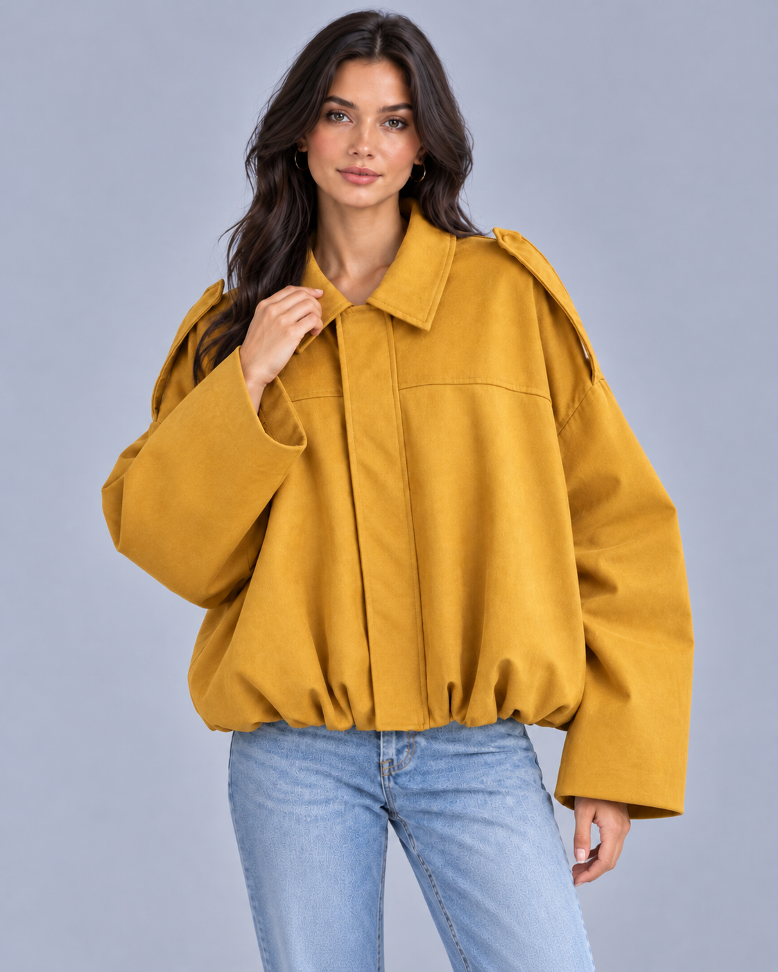 Women's Oversized Cropped Bomber Jacket | Pointed Collar & Gathered Hem