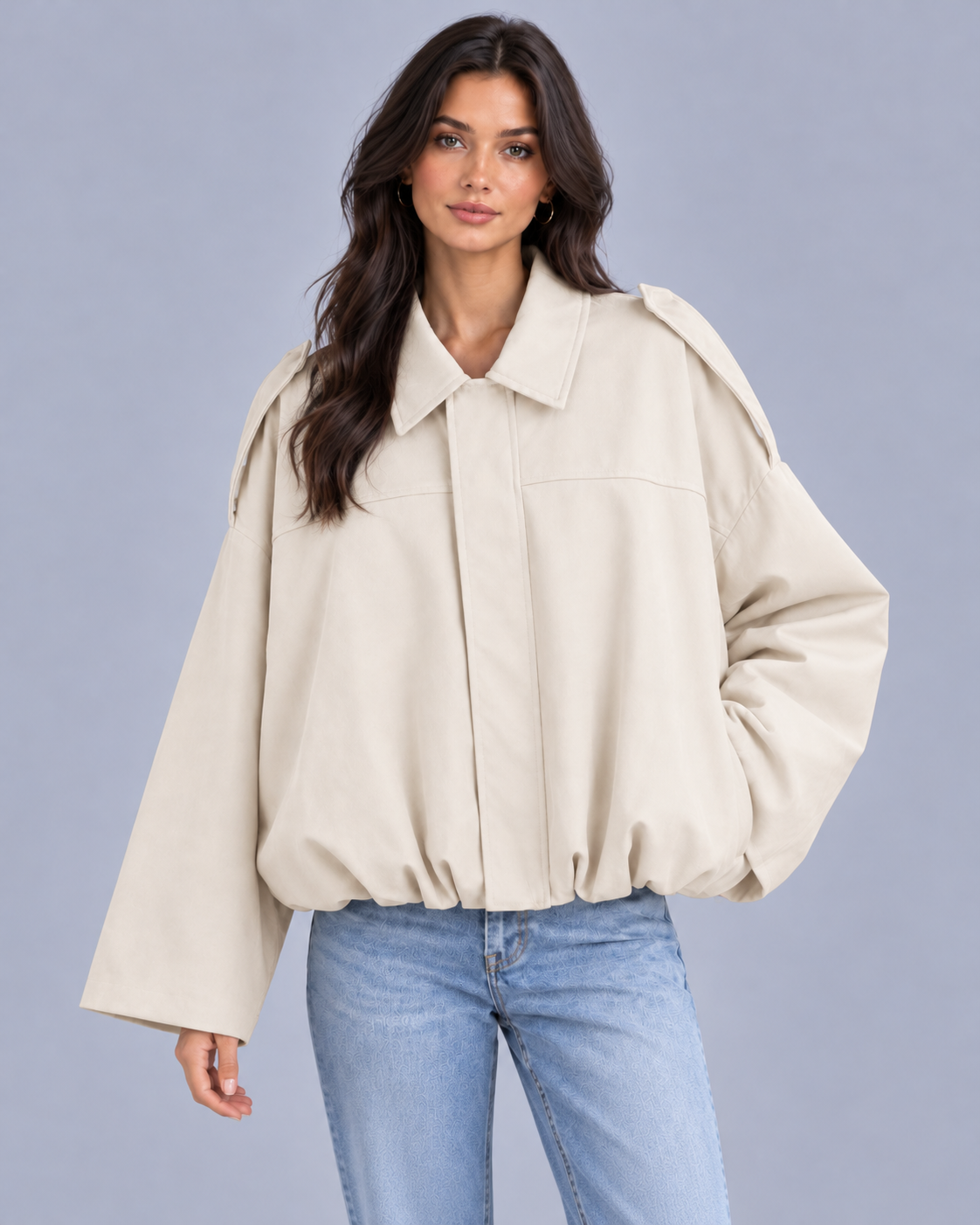 Women's Oversized Cropped Bomber Jacket | Pointed Collar & Gathered Hem