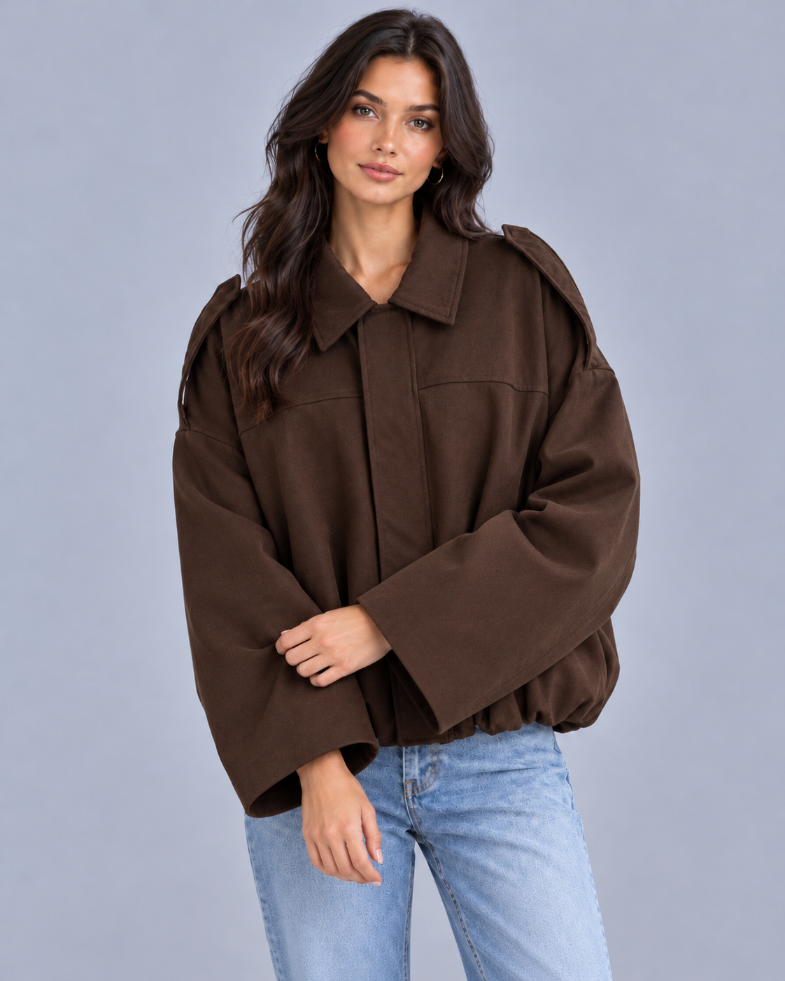 Women's Oversized Cropped Bomber Jacket | Pointed Collar & Gathered Hem