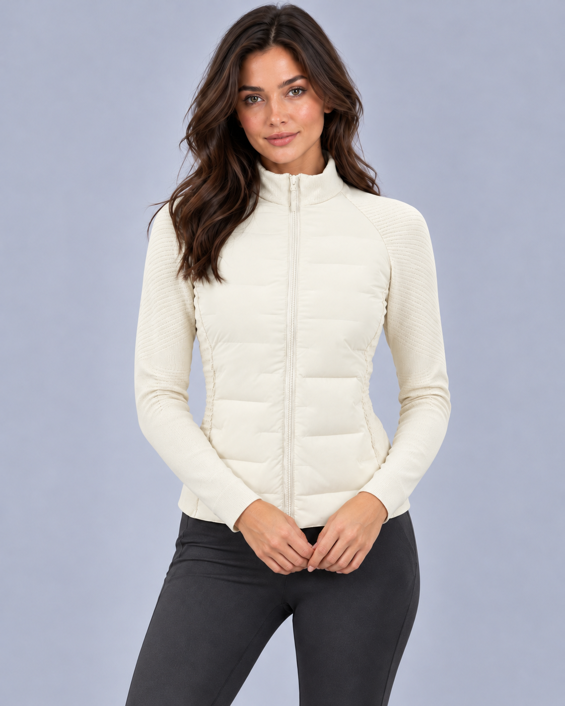 Women's Hybrid Down Jacket | Fitted Zip-Up Puffer Jacket with Knitted Sleeves & Stand Collar