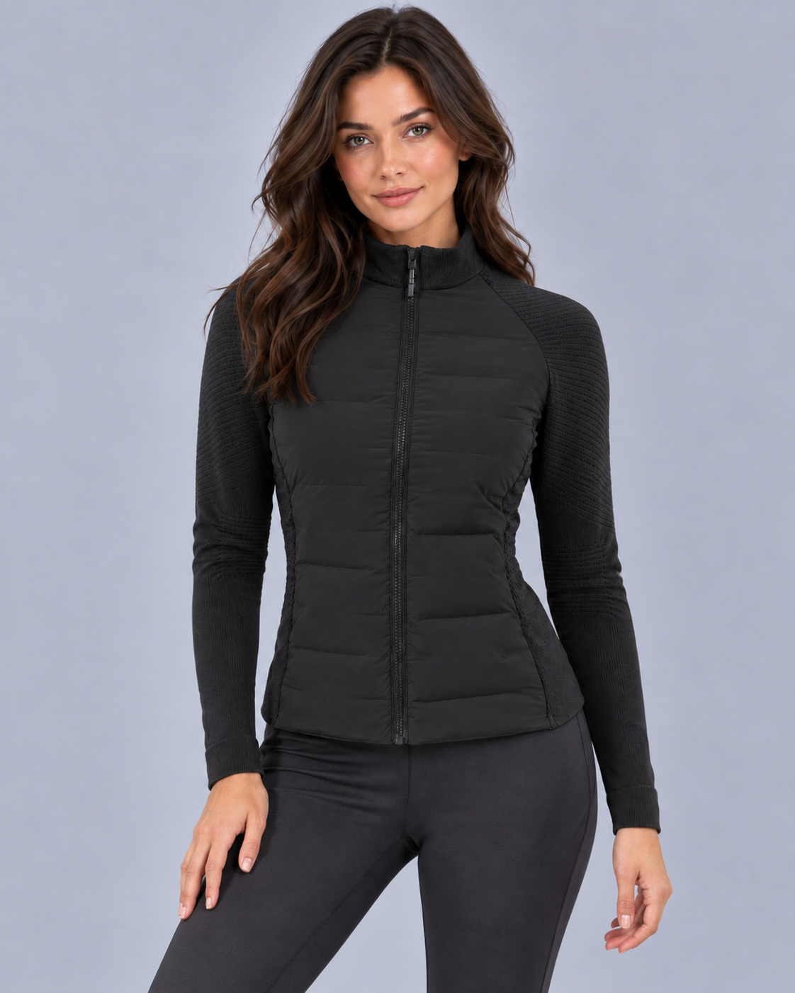 Women's Hybrid Down Jacket | Fitted Zip-Up Puffer Jacket with Knitted Sleeves & Stand Collar