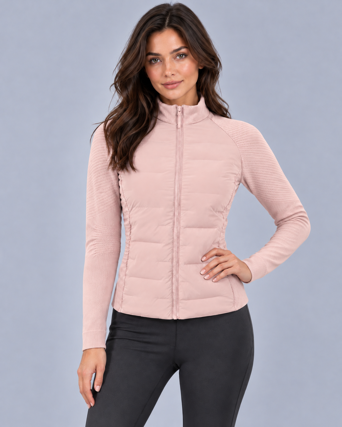 Women's Hybrid Down Jacket | Fitted Zip-Up Puffer Jacket with Knitted Sleeves & Stand Collar