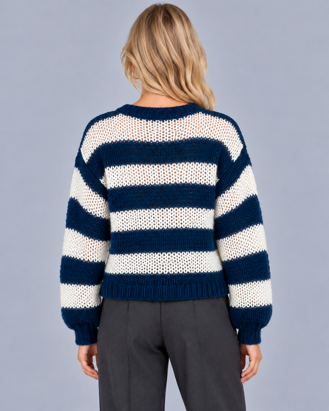 Women's Striped Open Knit Jumper | Relaxed Fit Crew Neck Sweater with Ribbed Cuffs