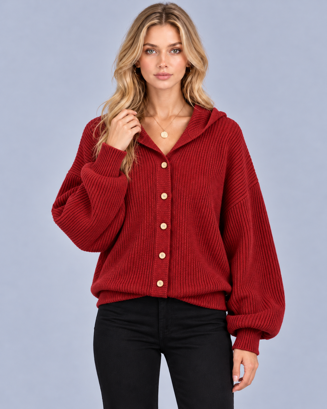 Women's Hooded Ribbed Knit Cardigan | Cotton-Blend Button-Up Cardigan with Balloon Sleeves
