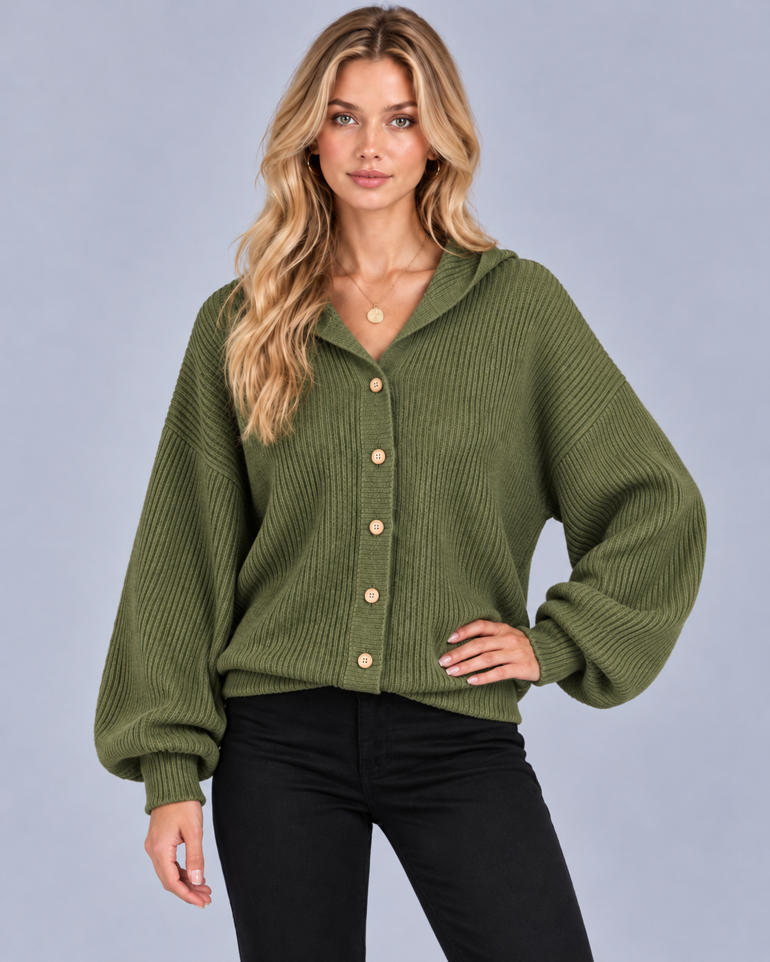 Women's Hooded Ribbed Knit Cardigan | Cotton-Blend Button-Up Cardigan with Balloon Sleeves