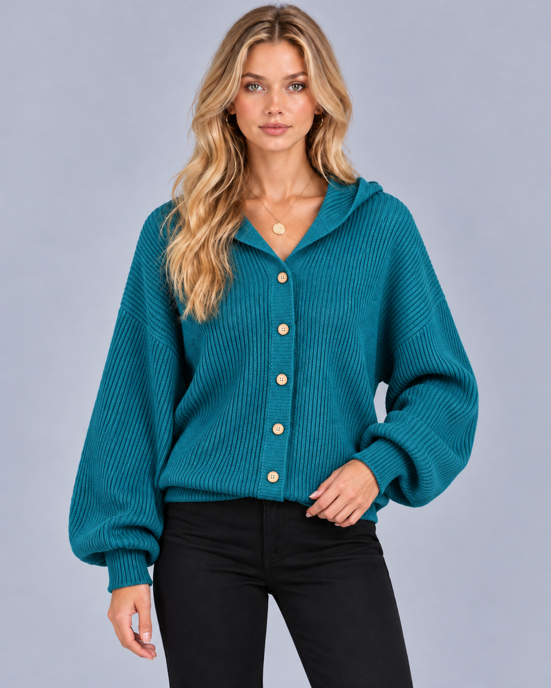 Women's Hooded Ribbed Knit Cardigan | Cotton-Blend Button-Up Cardigan with Balloon Sleeves