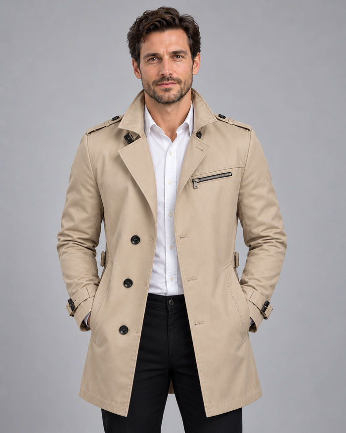 Men's Trench Coat with Adjustable Belt | Triple Front-Button