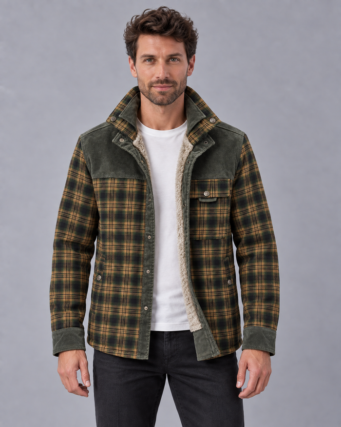 Men's Sherpa-Lined Checked Flannel Overshirt Jacket with Corduroy Panels