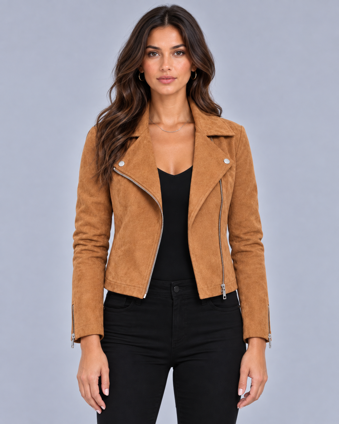 Women's Cropped Biker Jacket with Suede Look and Asymmetric Zip Front