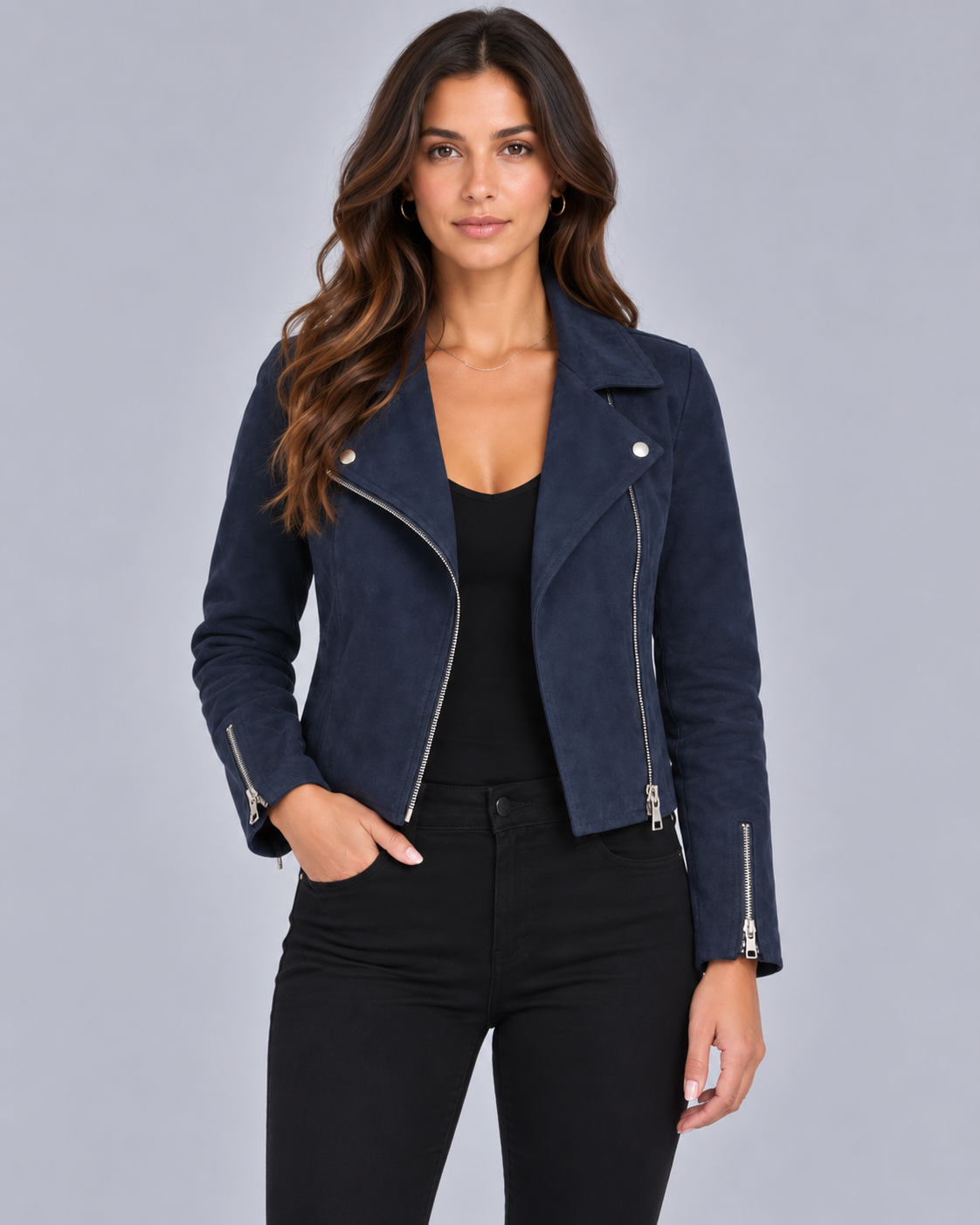 Women's Cropped Biker Jacket with Suede Look and Asymmetric Zip Front