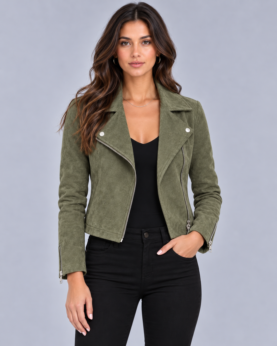 Women's Cropped Biker Jacket with Suede Look and Asymmetric Zip Front