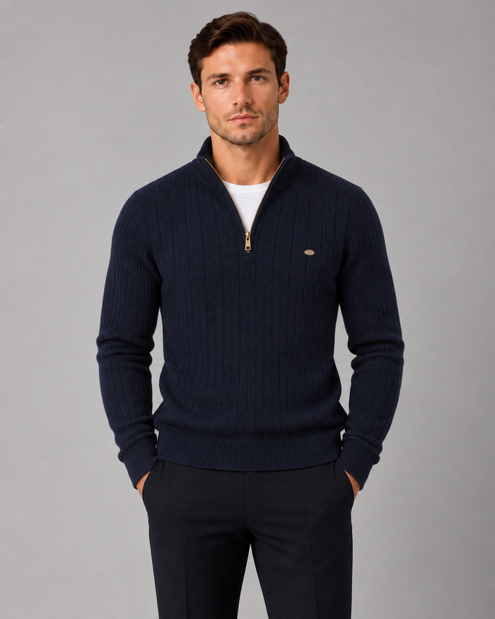 Men's Soft Cotton Quarter-Zip Sweater | Ribbed Knit Funnel Neck Jumper