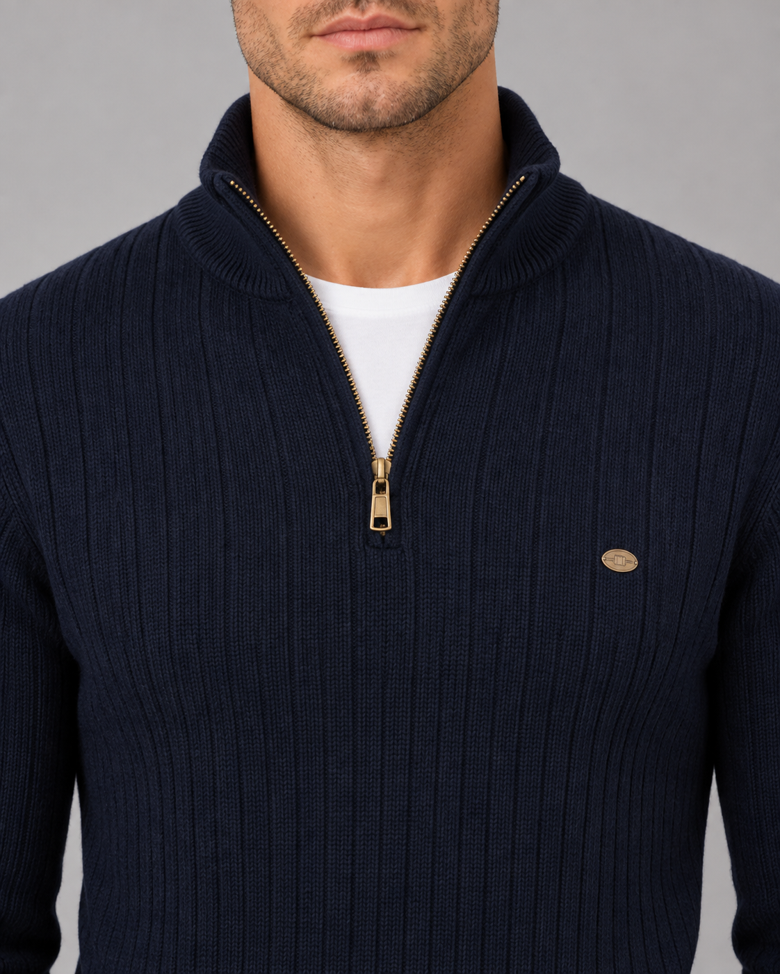 Men's Soft Cotton Quarter-Zip Sweater | Ribbed Knit Funnel Neck Jumper