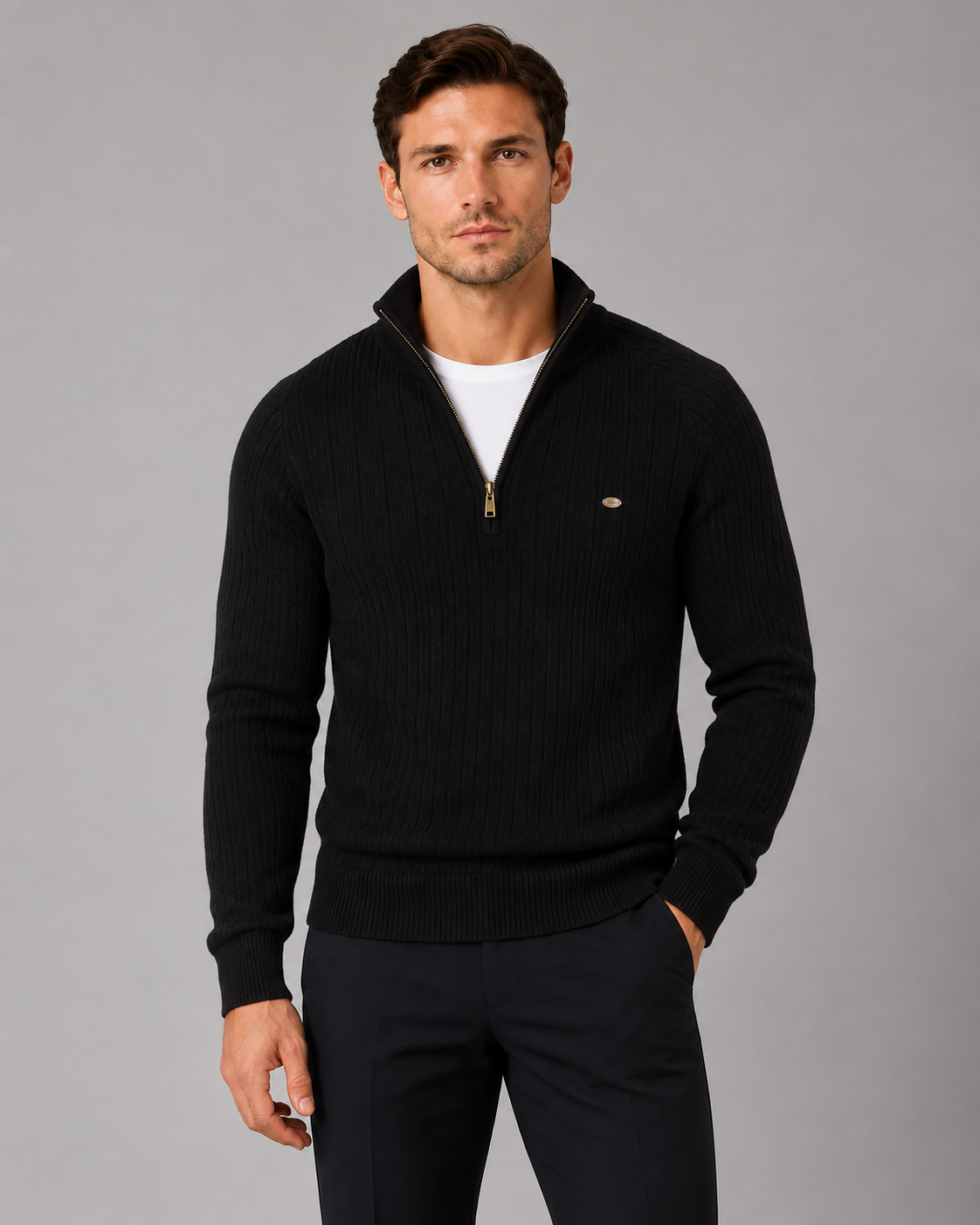Men's Soft Cotton Quarter-Zip Sweater | Ribbed Knit Funnel Neck Jumper