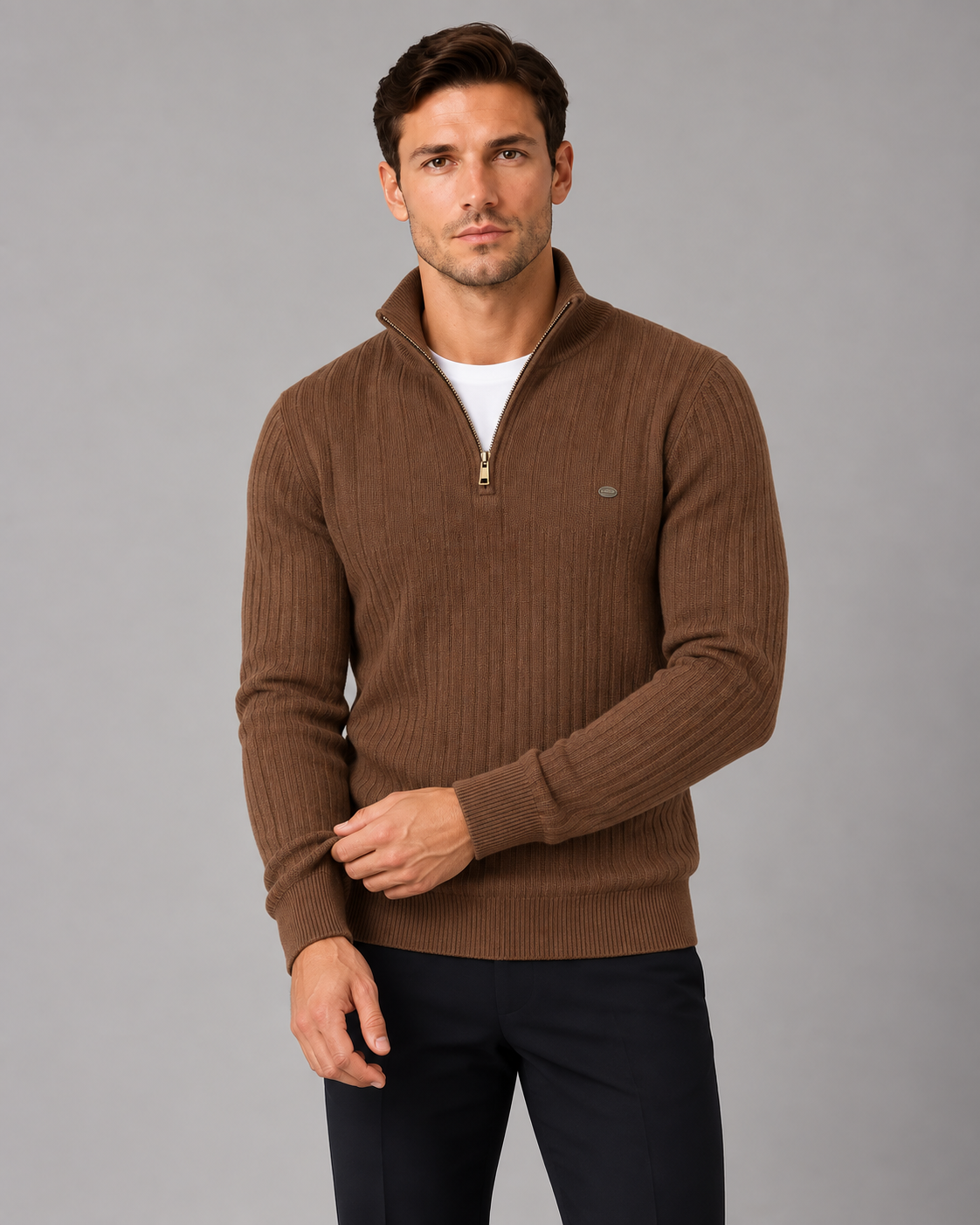 Men's Soft Cotton Quarter-Zip Sweater | Ribbed Knit Funnel Neck Jumper