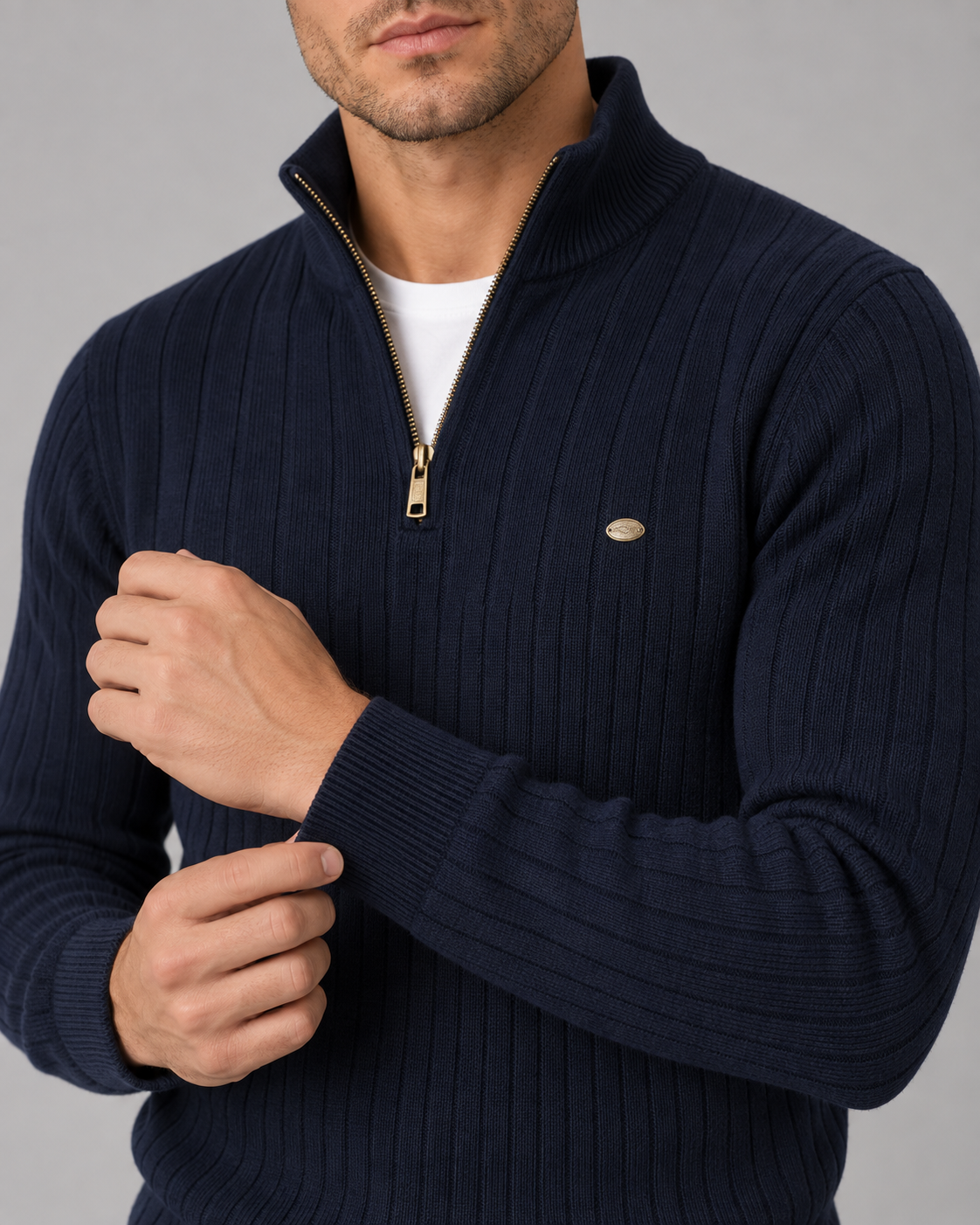 Men's Soft Cotton Quarter-Zip Sweater | Ribbed Knit Funnel Neck Jumper
