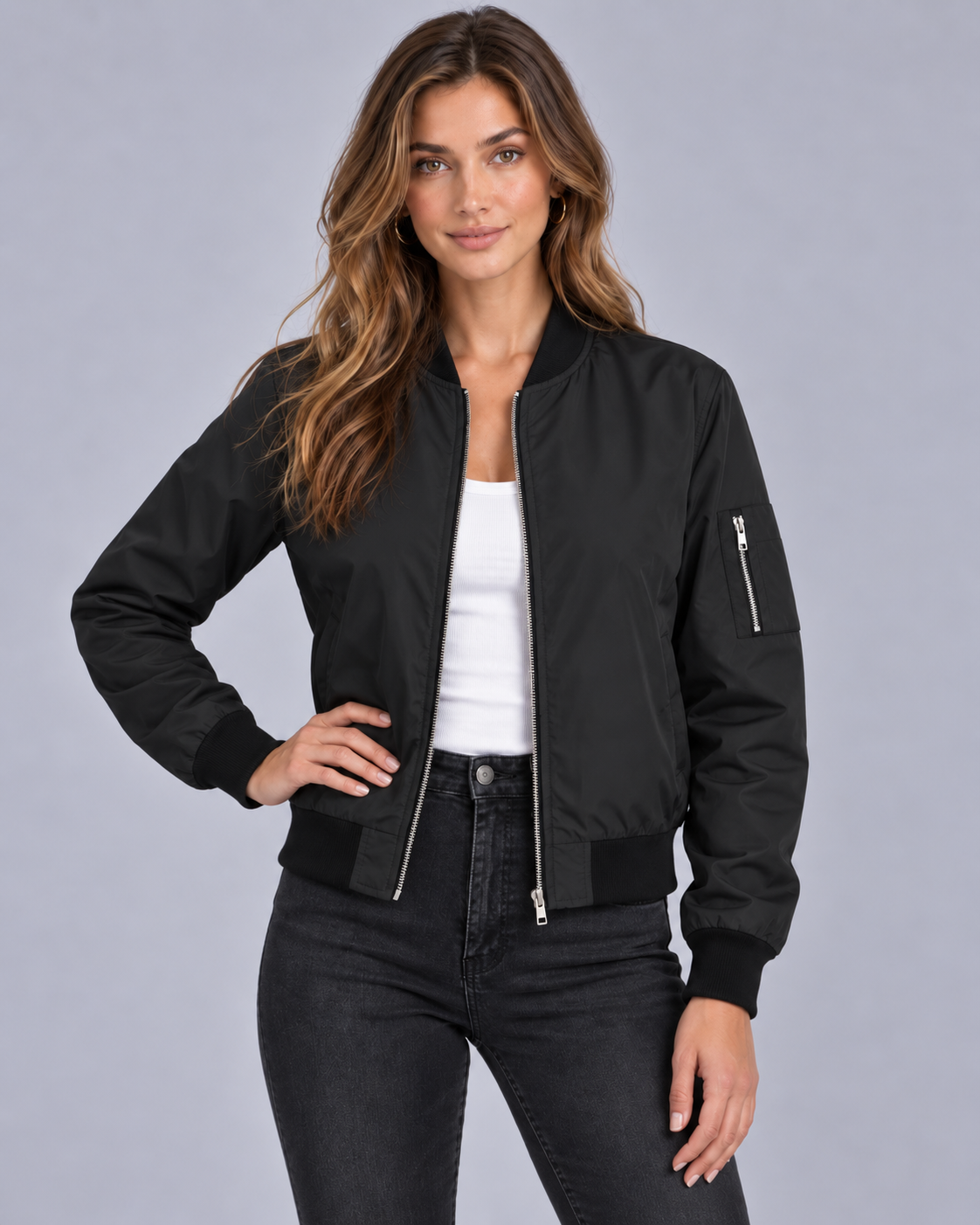 Women's Zip-Up Bomber Jacket with Ribbed Trim and Pockets