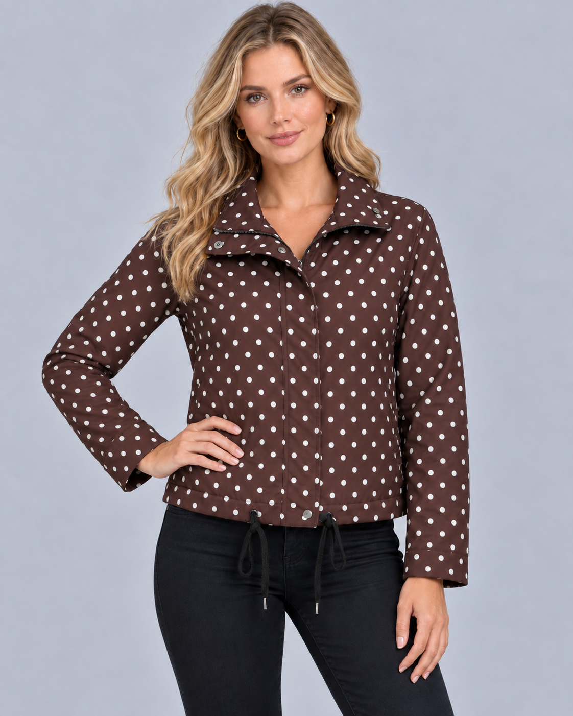 Women's Polka Dot Bomber Jacket with Stand Collar | Drawstring Hem