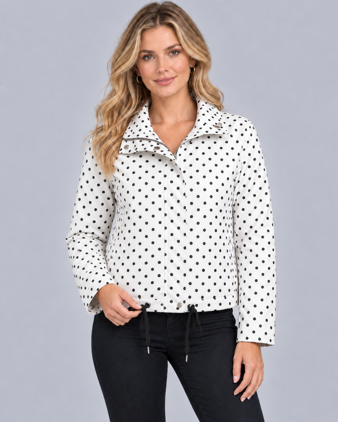 Women's Polka Dot Bomber Jacket with Stand Collar | Drawstring Hem