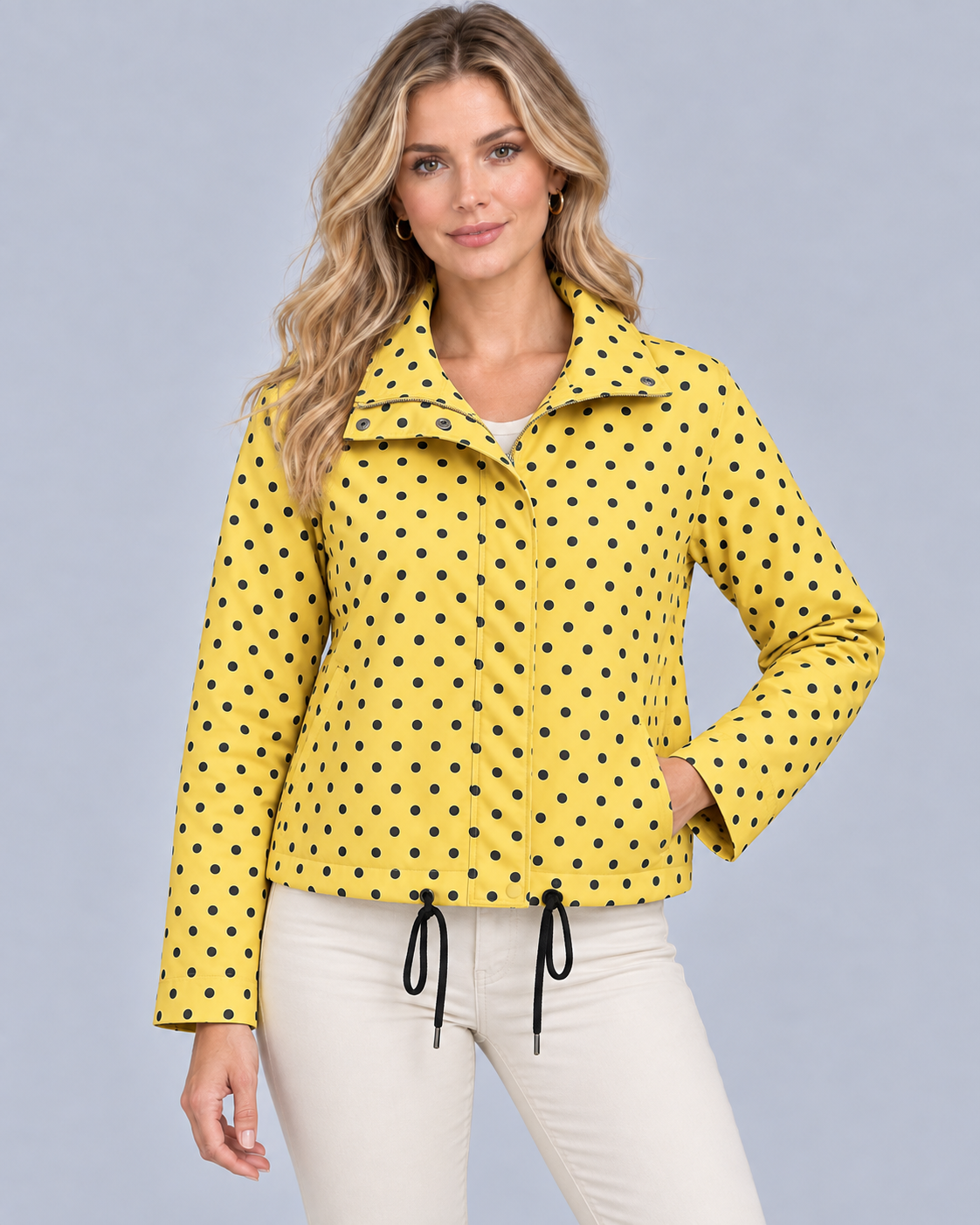 Women's Polka Dot Bomber Jacket with Stand Collar | Drawstring Hem