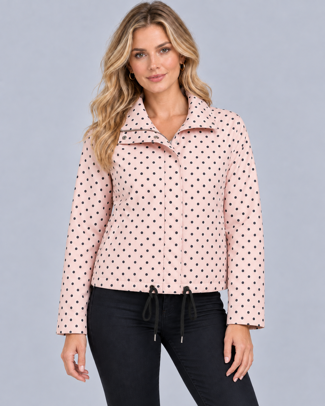 Women's Polka Dot Bomber Jacket with Stand Collar | Drawstring Hem