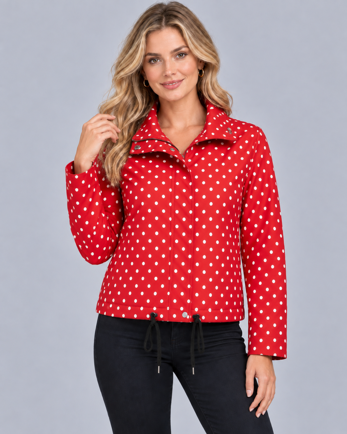 Women's Polka Dot Bomber Jacket with Stand Collar | Drawstring Hem