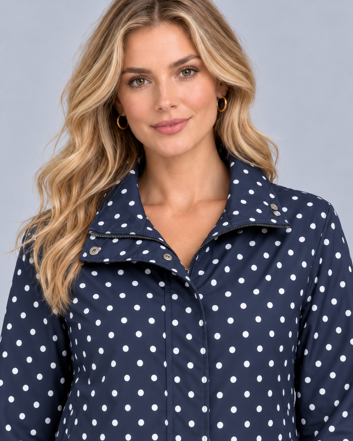 Women's Polka Dot Bomber Jacket with Stand Collar | Drawstring Hem