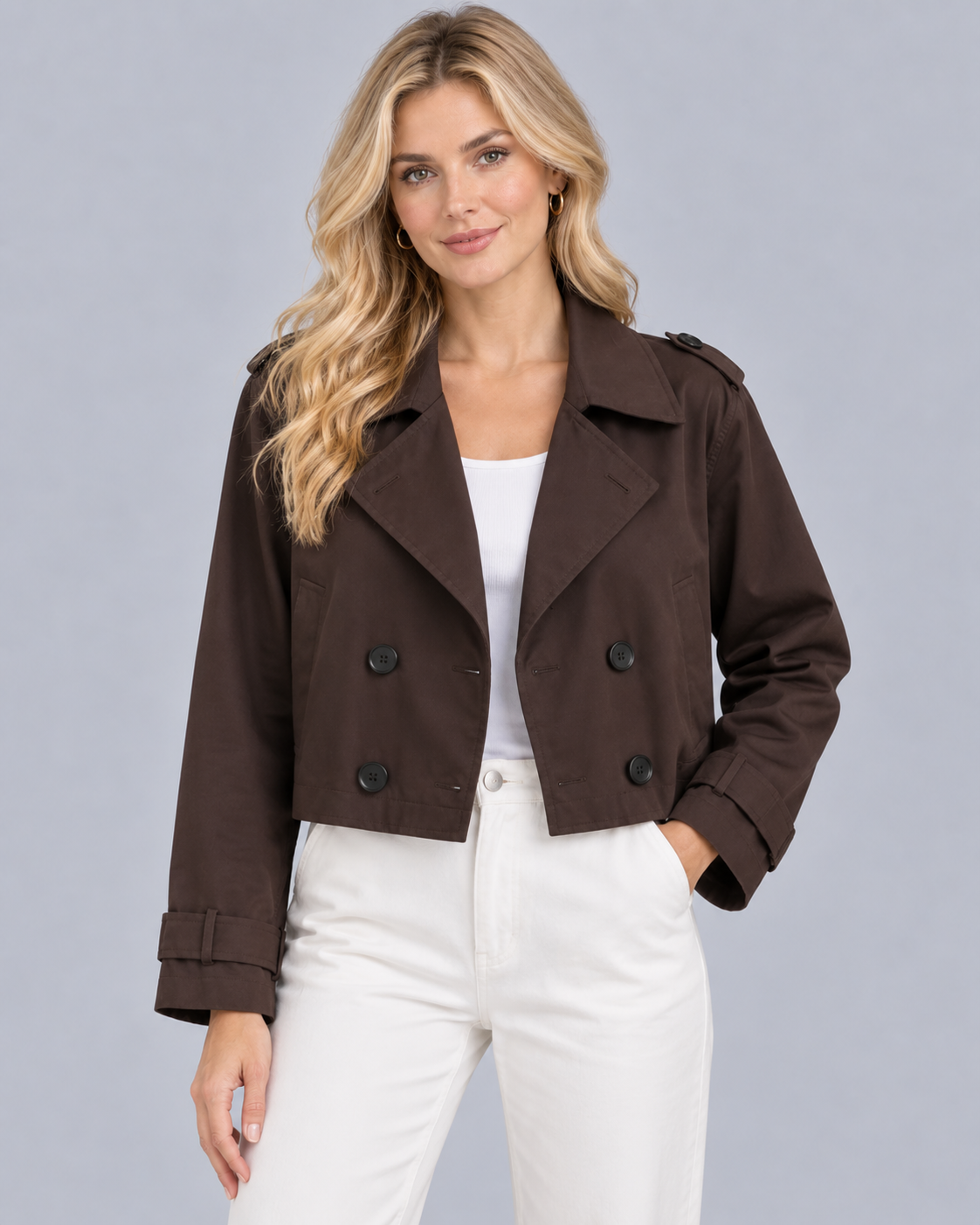 Women's Cropped Double Breasted Trench Coat | Notch Lapel Collar with Welt Pockets