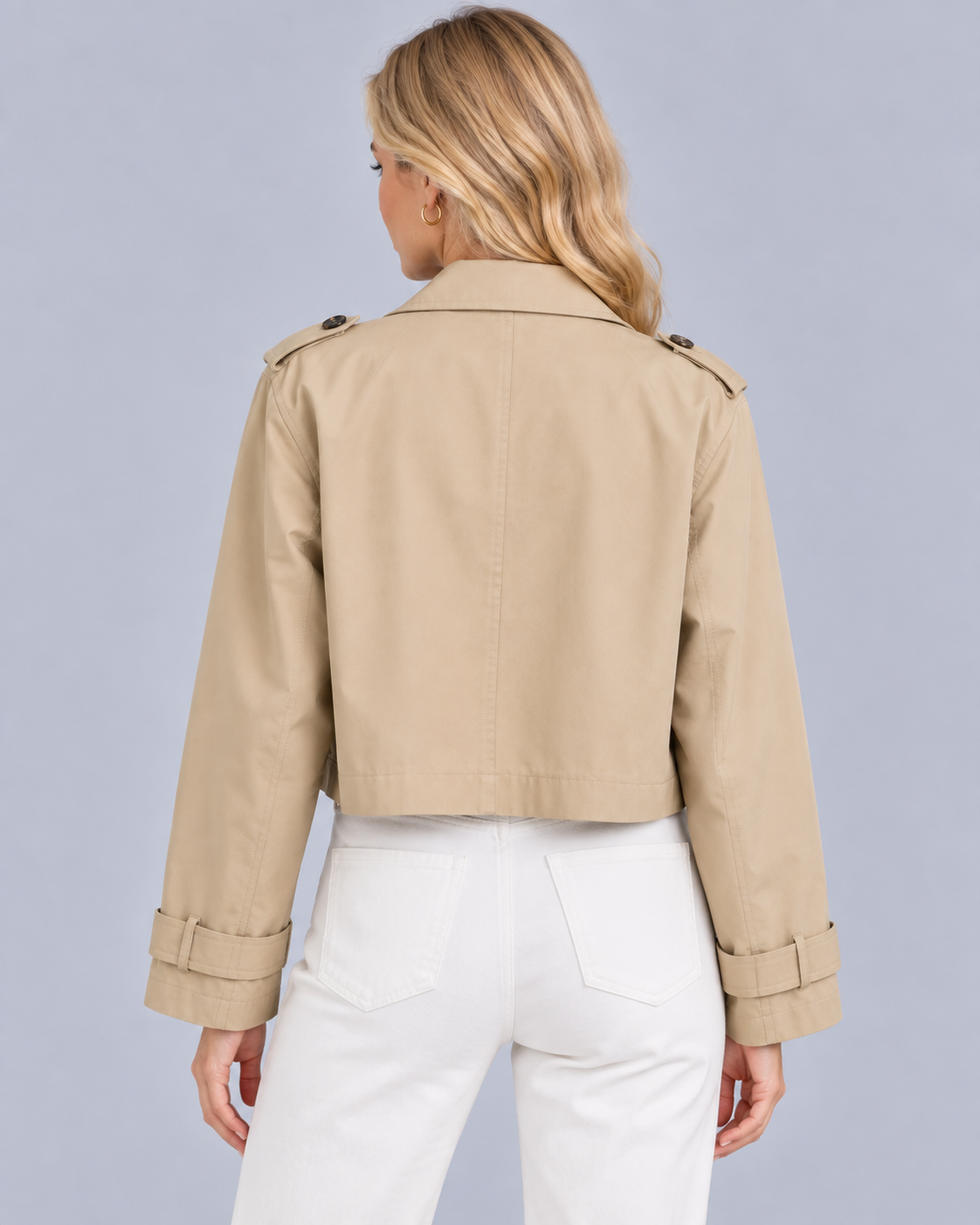 Women's Cropped Double Breasted Trench Coat | Notch Lapel Collar with Welt Pockets