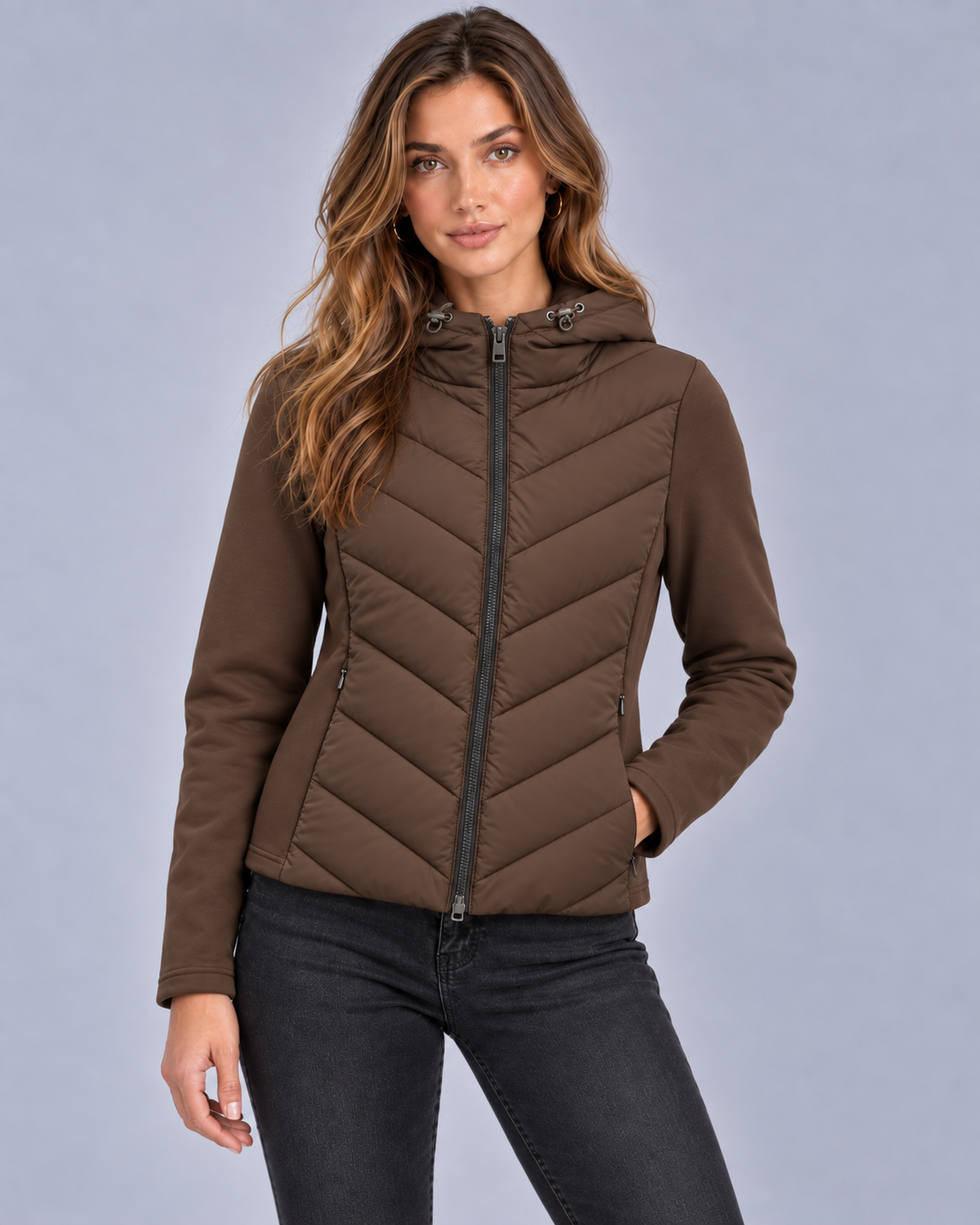 Women's Hooded Quilted Puffer Jacket | Chevron Padded Zip-Up Coat