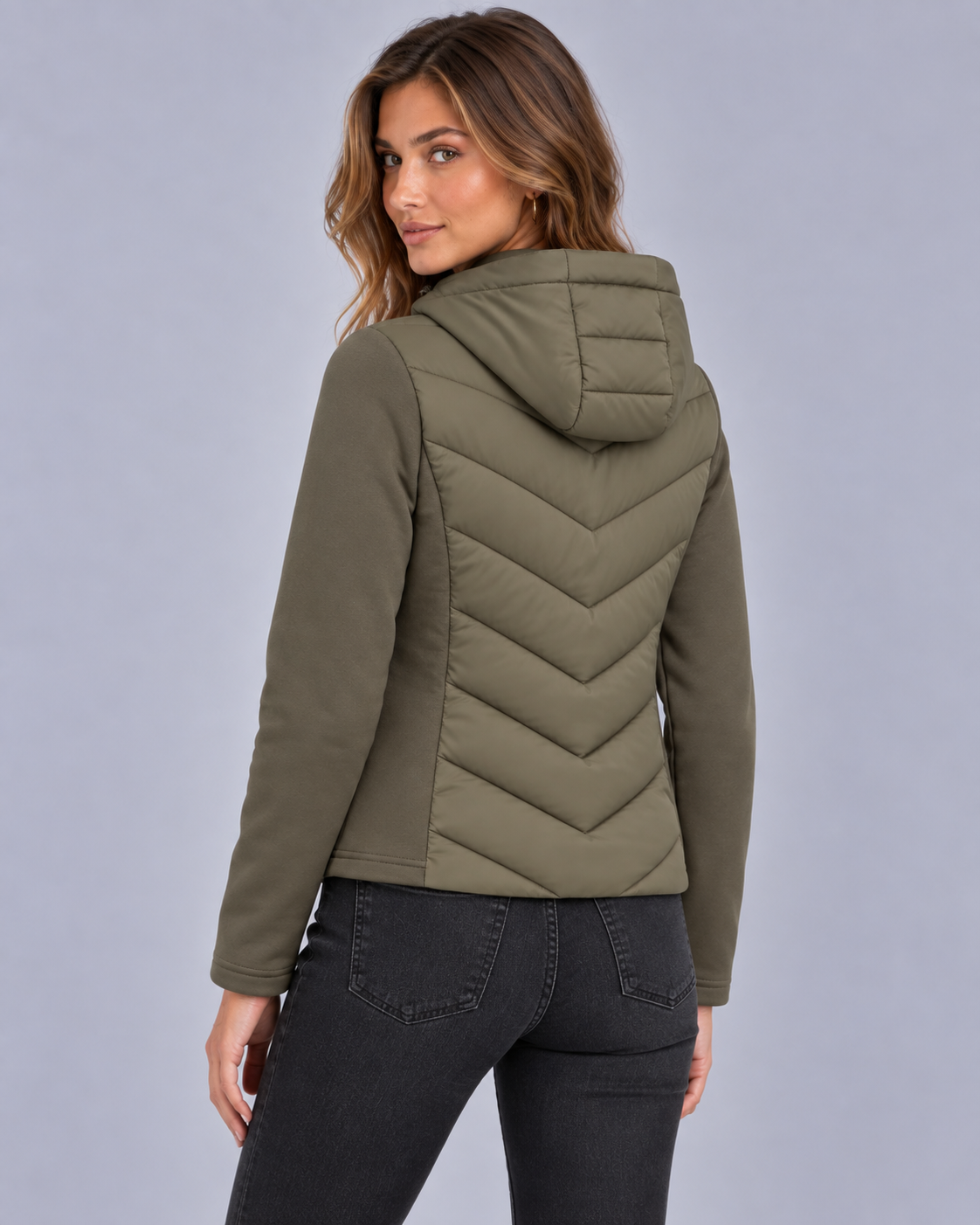 Women's Hooded Quilted Puffer Jacket | Chevron Padded Zip-Up Coat