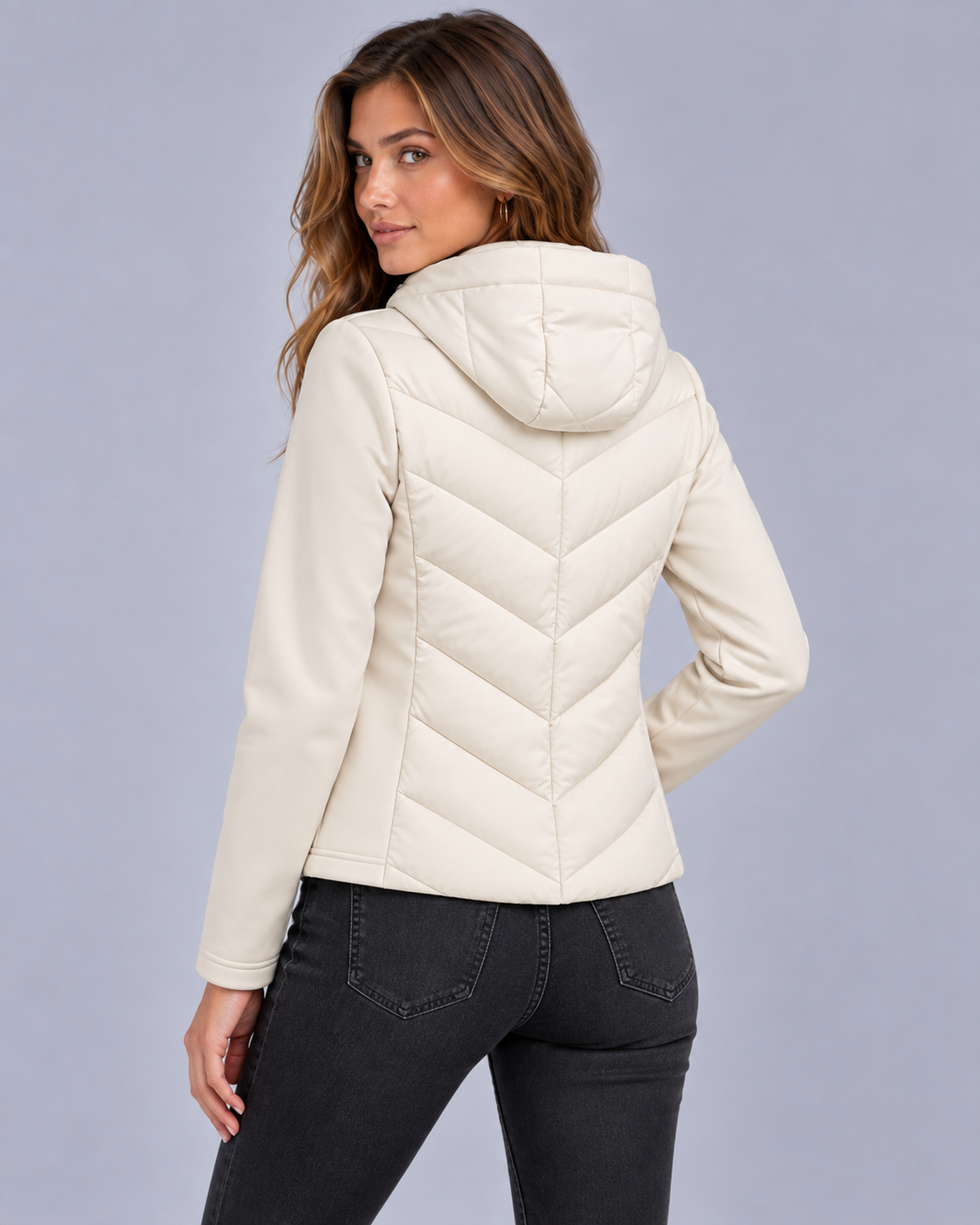 Women's Hooded Quilted Puffer Jacket | Chevron Padded Zip-Up Coat